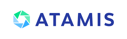 The Atamis logo, a hexagon is varying shades of blue made up of triangles, next to the text Atamis in dark blue all capital letters.
