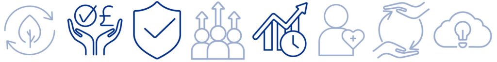 A long thin image with a series of logos depicting the benefits offered by this framework.