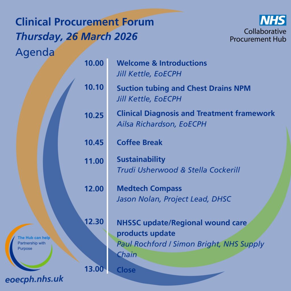 10.00 Welcome, Introductions, Apologies, Jill Kettle, EoECPH
10.10 Suction tubing and Chest Drains NPM, Jill Kettle, EoECPH
10.25 Clinical & Diagnostics framework, Ailsa Richardson, EoECPH
10.45 Coffee break
11.00 Sustainability, Trudi Usherwood & Stella Cockerill
12.00 Medtech Compass, Jason Nolan, Project Lead, DHSC
12.30 NHSSC update/Regional Wound care products update , Paul Rochford/Simon Bright, NHS Supply Chain
1pm End