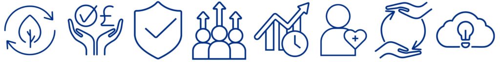 8 icons signifying the Hub's framework themes: resilience and sustainability, value and savings, compliance and assurance, workforce, efficiency and productivity, patient impact, system and strategic impact, innovation and digital enablement.
