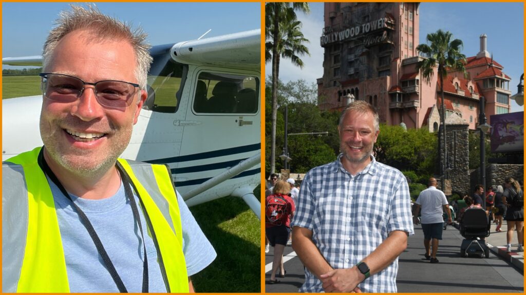 Darren, smiling wide, next to a plane and Darren, smiling wide, in front of Hollywood Tower.