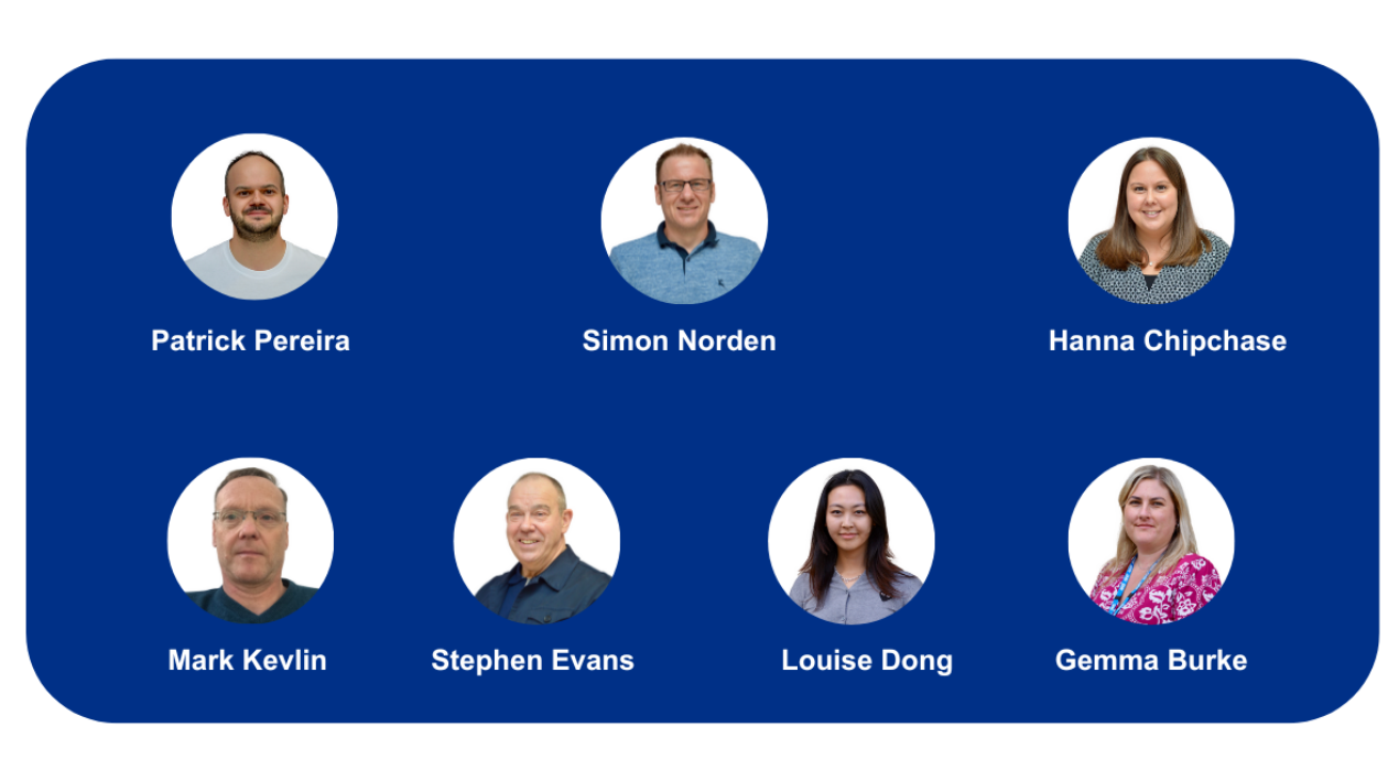 circular photos of individual members of the Estates, Digital and Transport team on NHS dark blue background