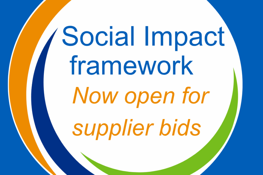 Branded graphic with Hub logo and text reading Social Impact Framework now open for supplier bids