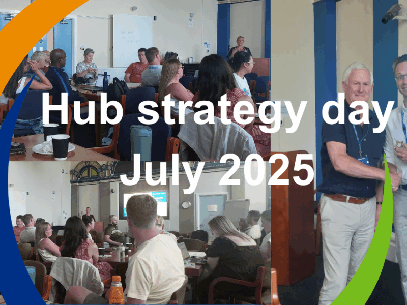 A photo collage of Hub colleagues taking part in a strategic collaboration session and a photo of Howard Rolfe presenting James Smith with an award