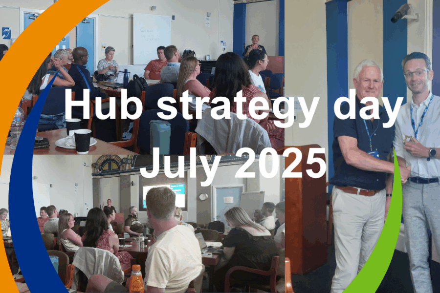 A photo collage of Hub colleagues taking part in a strategic collaboration session and a photo of Howard Rolfe presenting James Smith with an award