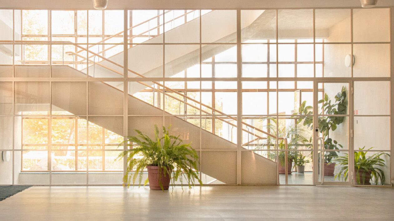Staircase in a leading up from a lobby