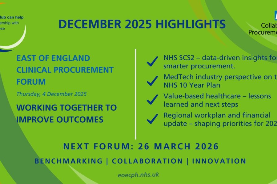 The highlights of the December 2025 edition of the clinical procurement forum on green background with the Hub logo and the NHS lozenge.