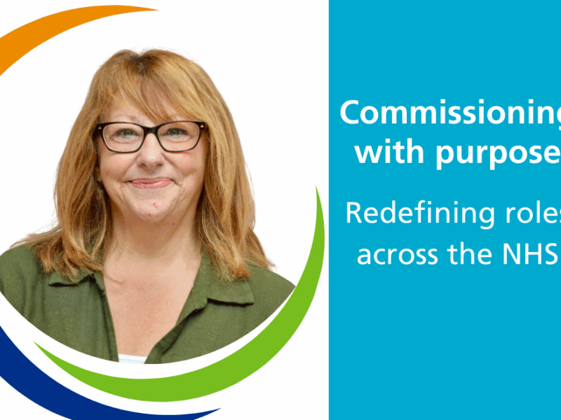 Branded photo of Sandra Atik with the text 'commissioning with purpose - redefining roles across the nhs