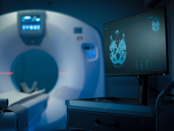 An image of an MRI machine in the background with a computer screen in the foreground showing a scan of a brain.