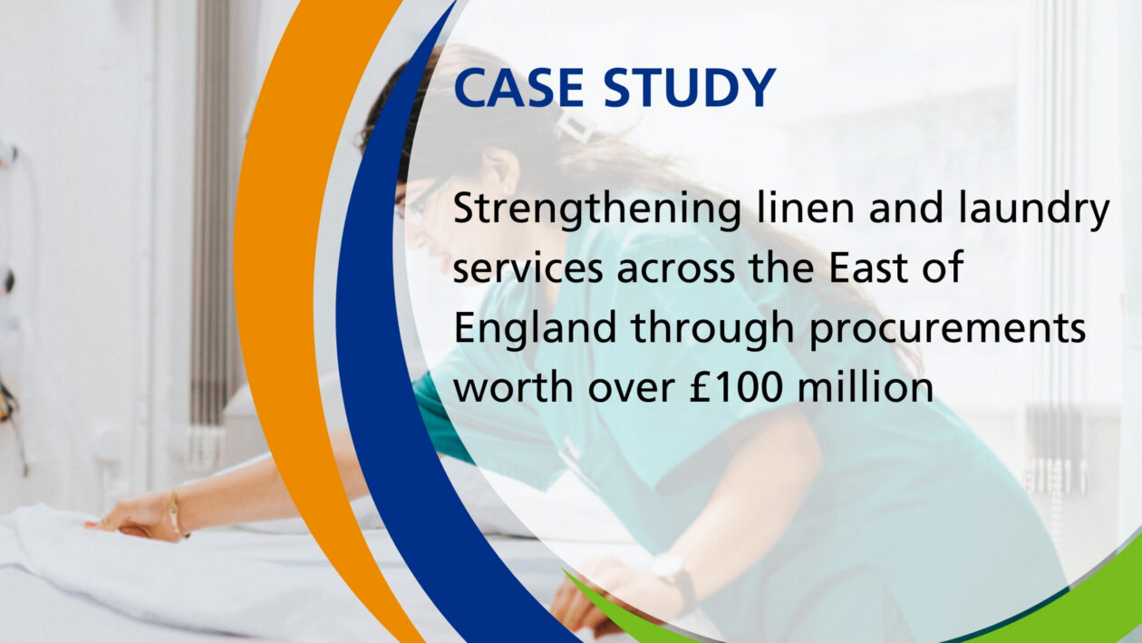 Decorative graphic for a case study showing a healthcare worker making a bed in a clinical room, overlaid with the Hub's graphic device - curved colour bands and the title: Case Study – Strengthening linen and laundry services across the East of England through procurements worth over £100 million.