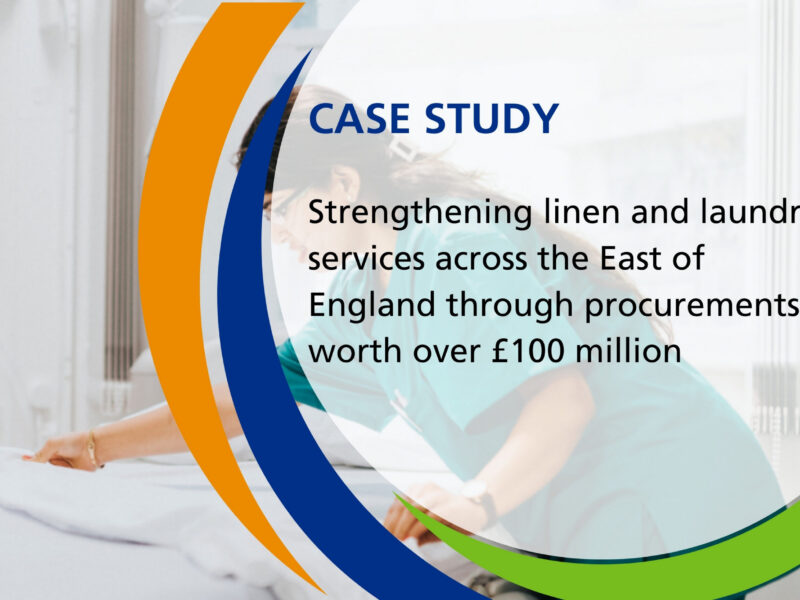 Decorative graphic for a case study showing a healthcare worker making a bed in a clinical room, overlaid with the Hub's graphic device - curved colour bands and the title: Case Study – Strengthening linen and laundry services across the East of England through procurements worth over £100 million.