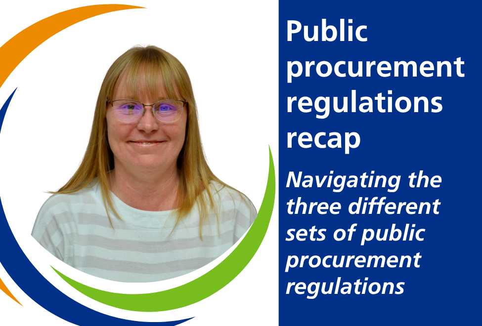 A branded image, on the left, a circular headshot of Amie Allday, and on the right, the text that reads Public procurement regulations recap: navigating the three different sets of public procurement regulations.