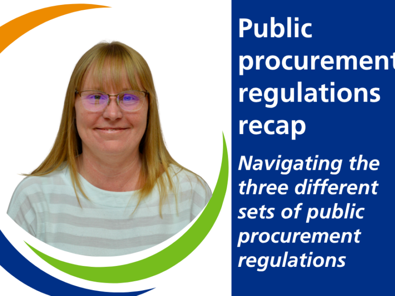 A branded image, on the left, a circular headshot of Amie Allday, and on the right, the text that reads Public procurement regulations recap: navigating the three different sets of public procurement regulations.