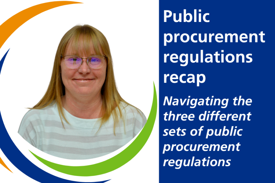 A branded image, on the left, a circular headshot of Amie Allday, and on the right, the text that reads Public procurement regulations recap: navigating the three different sets of public procurement regulations.