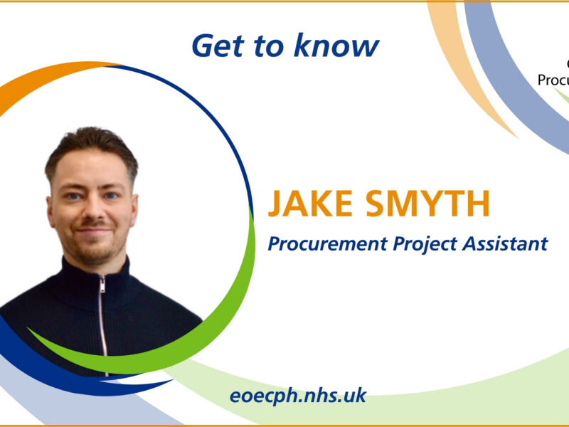 A promotional graphic titled “Get to know”, featuring Jake in a dark zip‑neck top centred within an oval frame. Green, orange and blue curved lines form the Hub’s graphic device around the frame. The right side displays the NHS Collaborative Procurement Hub logo. The text introduces a Procurement Project Assistant, with the Hub’s website shown at the bottom.