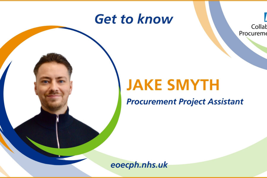 A promotional graphic titled “Get to know”, featuring Jake in a dark zip‑neck top centred within an oval frame. Green, orange and blue curved lines form the Hub’s graphic device around the frame. The right side displays the NHS Collaborative Procurement Hub logo. The text introduces a Procurement Project Assistant, with the Hub’s website shown at the bottom.