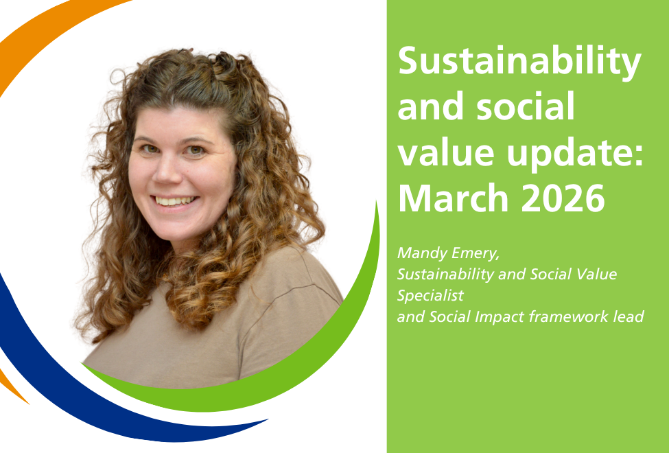 On the left hand side, a circular headshot of Mandy Emery surrounded by Hub branding, and on the right side, text reading 'Sustainability and social value update: March 2026' and below that, 'Mandy Emery, Sustainability and Social Value Specialist and Social Value framework lead.'
