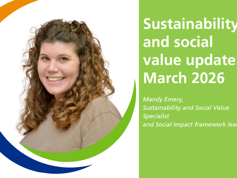 On the left hand side, a circular headshot of Mandy Emery surrounded by Hub branding, and on the right side, text reading 'Sustainability and social value update: March 2026' and below that, 'Mandy Emery, Sustainability and Social Value Specialist and Social Value framework lead.'