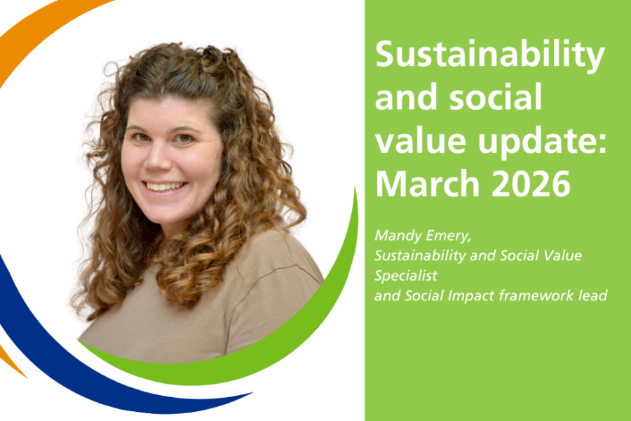 On the left hand side, a circular headshot of Mandy Emery surrounded by Hub branding, and on the right side, text reading 'Sustainability and social value update: March 2026' and below that, 'Mandy Emery, Sustainability and Social Value Specialist and Social Value framework lead.'