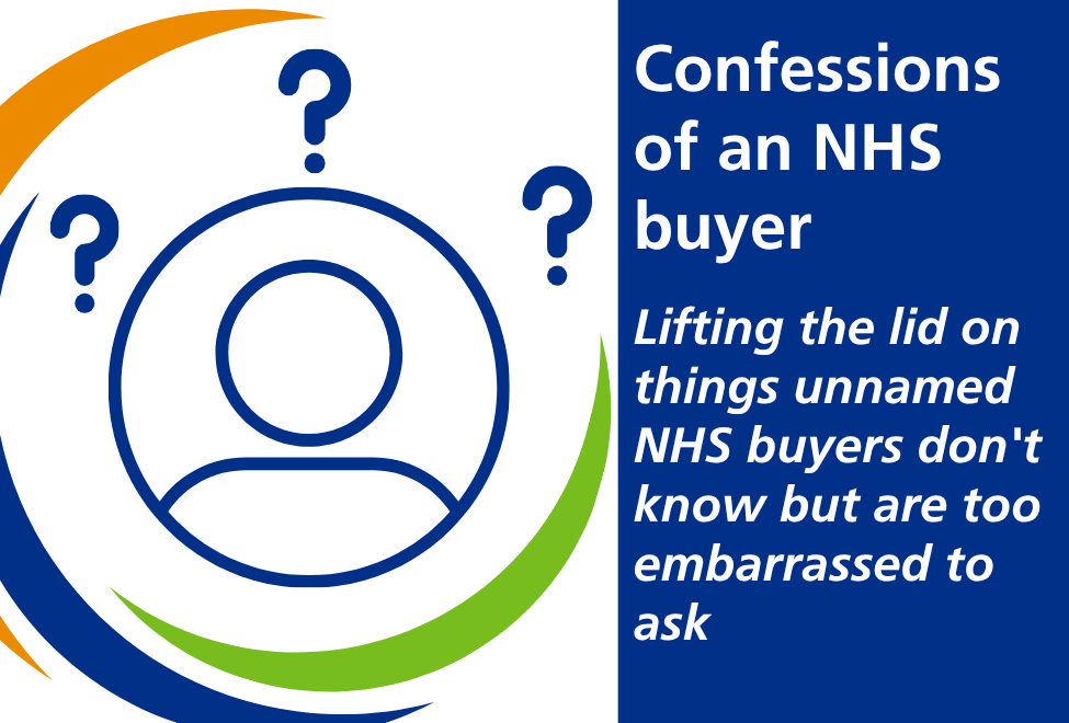On the left side, a circular icon of the outline of a person, with three question marks around it, and Hub branding. On the right side, the text 'confessions of an NHS buyer: lifting the lid on things unnamed NHS buyers don't know but are too embarrassed to ask'