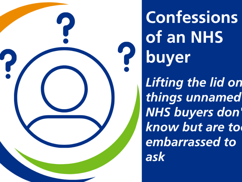 On the left side, a circular icon of the outline of a person, with three question marks around it, and Hub branding. On the right side, the text 'confessions of an NHS buyer: lifting the lid on things unnamed NHS buyers don't know but are too embarrassed to ask'