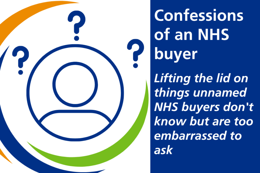 On the left side, a circular icon of the outline of a person, with three question marks around it, and Hub branding. On the right side, the text 'confessions of an NHS buyer: lifting the lid on things unnamed NHS buyers don't know but are too embarrassed to ask'