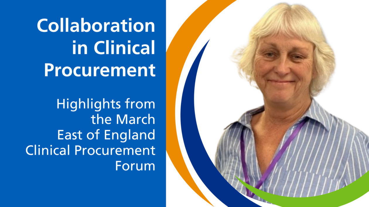 Graphic promoting the Collaboration in Clinical Procurement event blog. The left side has blue background with white text reading ‘Collaboration in Clinical Procurement – Highlights from the March East of England Clinical Procurement Forum’. The right side shows Jill in a striped shirt with coloured curved lines forming the Hub's graphic device.