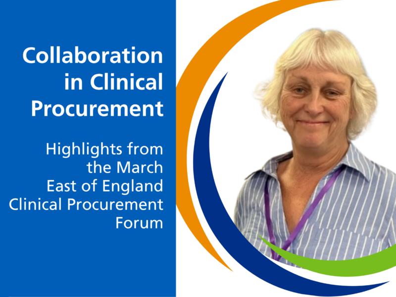 Graphic promoting the Collaboration in Clinical Procurement event blog. The left side has blue background with white text reading ‘Collaboration in Clinical Procurement – Highlights from the March East of England Clinical Procurement Forum’. The right side shows Jill in a striped shirt with coloured curved lines forming the Hub's graphic device.