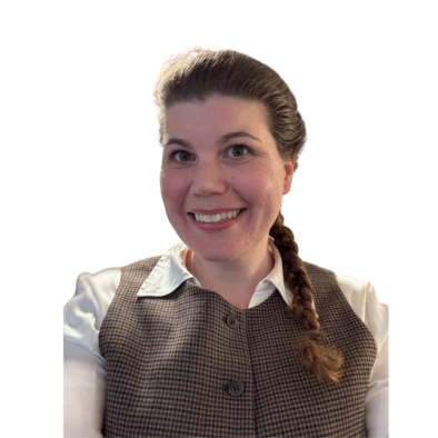 Mandy with long hair styled in a braid wears a white collared shirt under a brown, houndstooth-patterned buttoned vest, photographed against a plain white background.