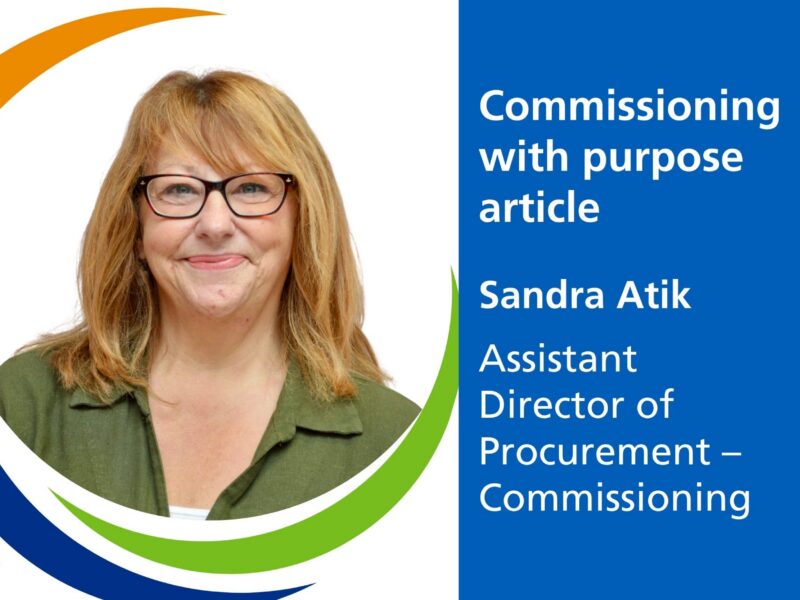 An image of Sandra Atik to the left. The text to the right reads: Commissioning with Purpose series, Sandra Atik, Assistant Director of Procurement - Commissioning.