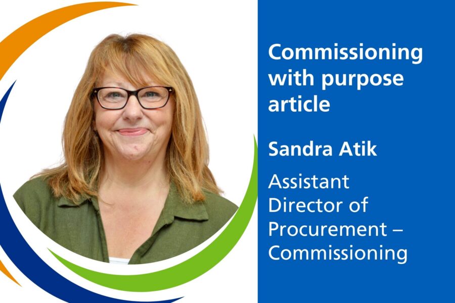 An image of Sandra Atik to the left. The text to the right reads: Commissioning with Purpose series, Sandra Atik, Assistant Director of Procurement - Commissioning.